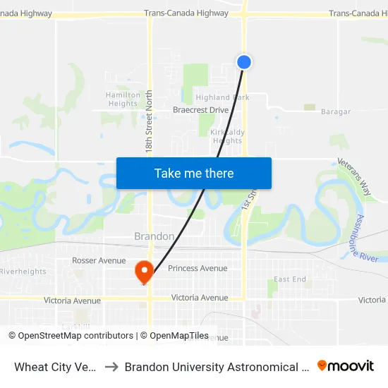 Wheat City Vet Clinic to Brandon University Astronomical Observatory map