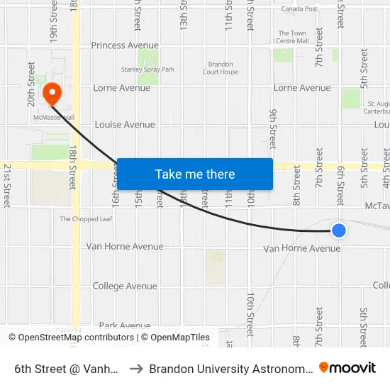 6th Street @ Vanhorne Avenue to Brandon University Astronomical Observatory map