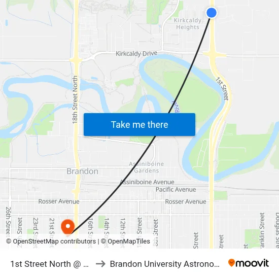 1st Street North @ Kirkham Cres to Brandon University Astronomical Observatory map