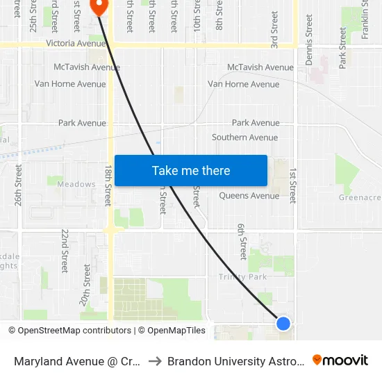 Maryland Avenue @ Crocus Plains (North) to Brandon University Astronomical Observatory map