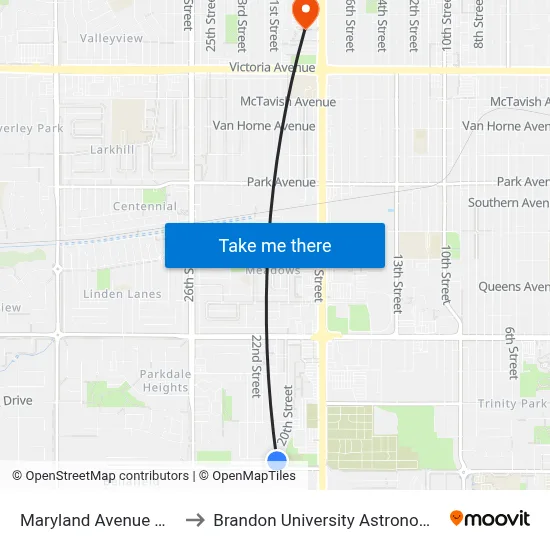 Maryland Avenue @ 20th Street to Brandon University Astronomical Observatory map