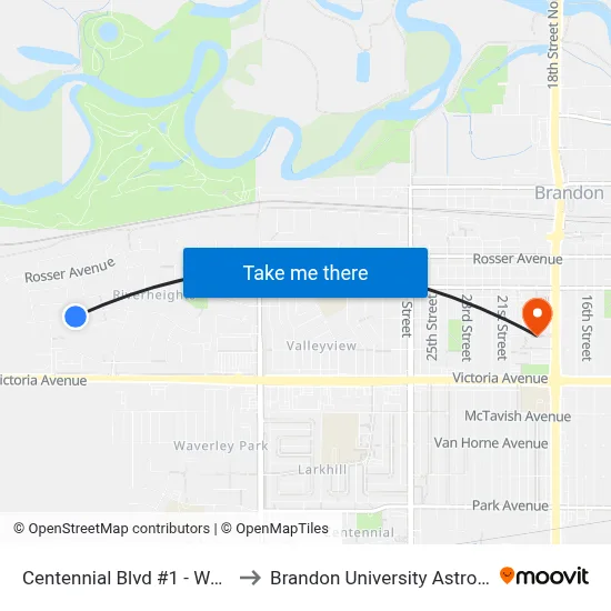 Centennial Blvd #1 - West Of Fotheringham to Brandon University Astronomical Observatory map