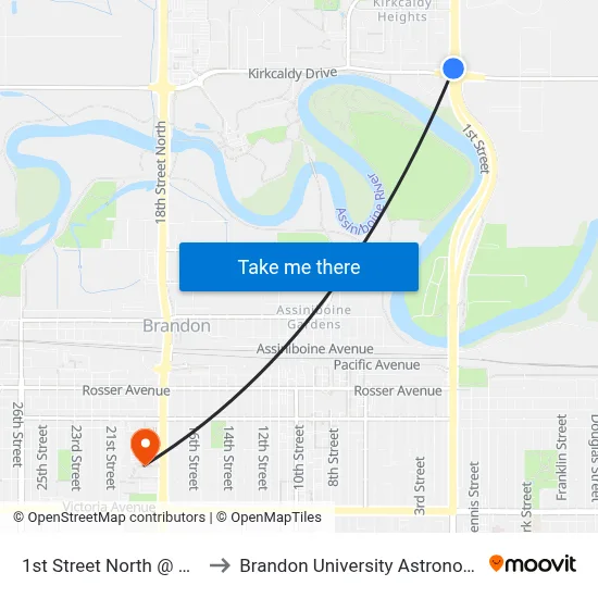 1st Street North @ Kirkcaldy Drive to Brandon University Astronomical Observatory map