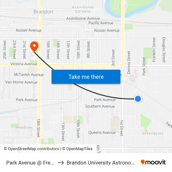 Park Avenue @ Frederick Street to Brandon University Astronomical Observatory map