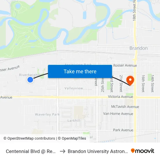 Centennial Blvd @ Regent Cres (North) to Brandon University Astronomical Observatory map