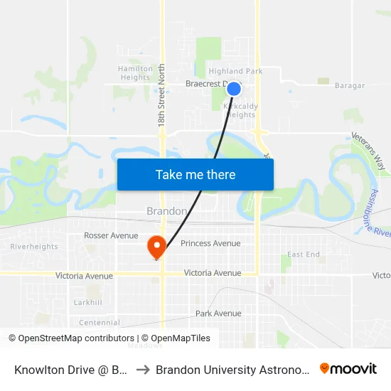 Knowlton Drive @ Braecrest Drive to Brandon University Astronomical Observatory map