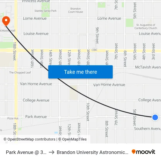 Park Avenue @ 3rd Street to Brandon University Astronomical Observatory map