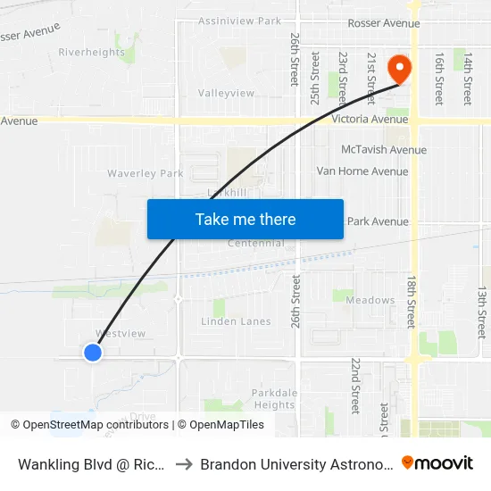 Wankling Blvd @ Richmond Avenue to Brandon University Astronomical Observatory map