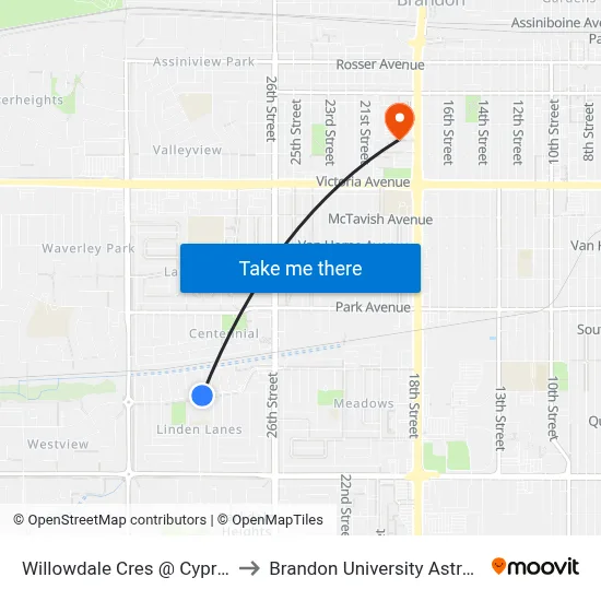 Willowdale Cres @ Cypress Blvd (Westridge) to Brandon University Astronomical Observatory map