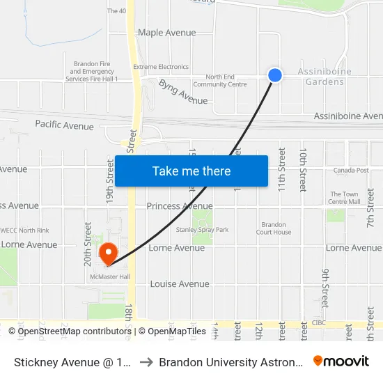 Stickney Avenue @ 11th Street North to Brandon University Astronomical Observatory map