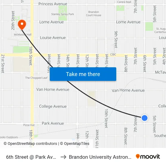 6th Street @ Park Avenue (East Side) to Brandon University Astronomical Observatory map