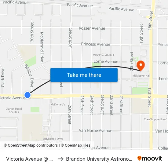 Victoria Avenue @ Valleyview Cc to Brandon University Astronomical Observatory map