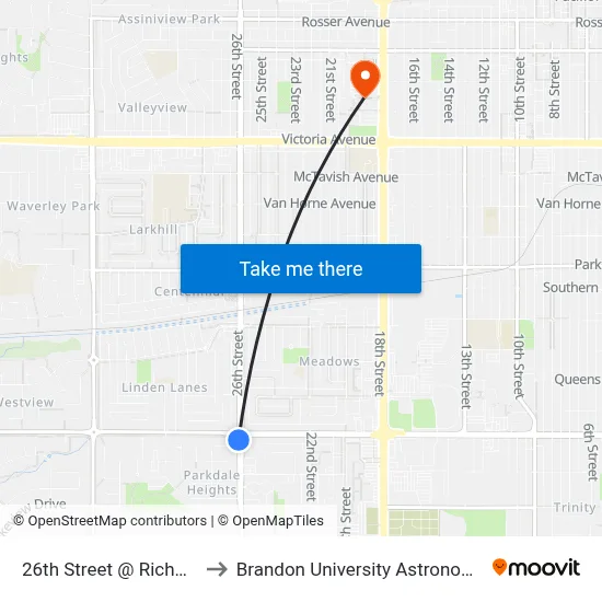26th Street @ Richmond Avenue to Brandon University Astronomical Observatory map