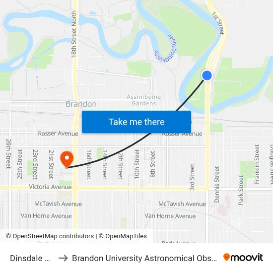Dinsdale Park to Brandon University Astronomical Observatory map