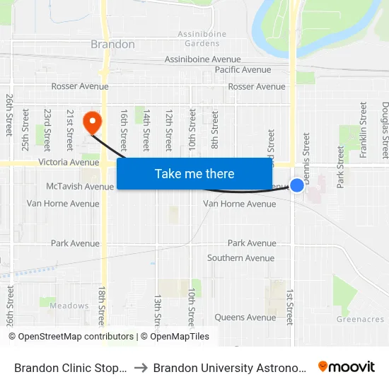 Brandon Clinic Stop (South Side) to Brandon University Astronomical Observatory map