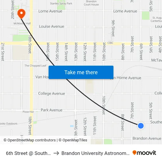 6th Street @ Southern Avenue to Brandon University Astronomical Observatory map