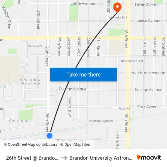 26th Street @ Brandon Avenue (East) to Brandon University Astronomical Observatory map