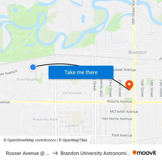 Rosser Avenue @ Deer Place to Brandon University Astronomical Observatory map