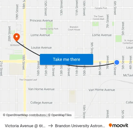 Victoria Avenue @ 6th Street (South) to Brandon University Astronomical Observatory map