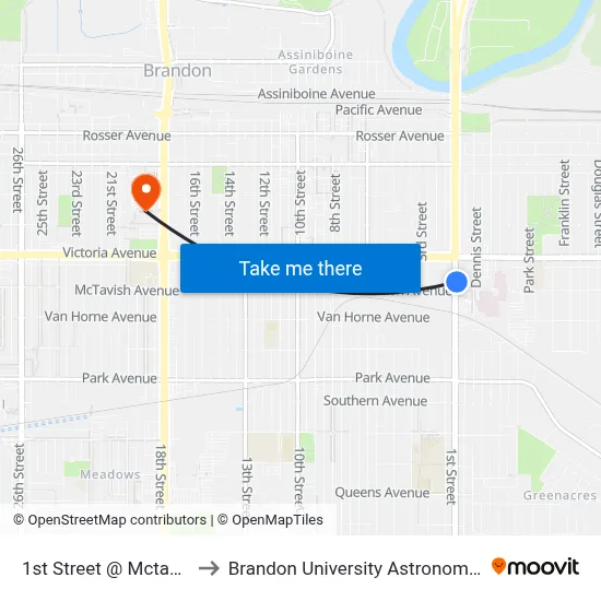 1st Street @ Mctavish Avenue to Brandon University Astronomical Observatory map