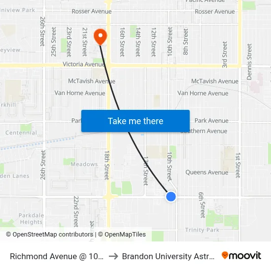 Richmond Avenue @ 10th Street (North Side) to Brandon University Astronomical Observatory map