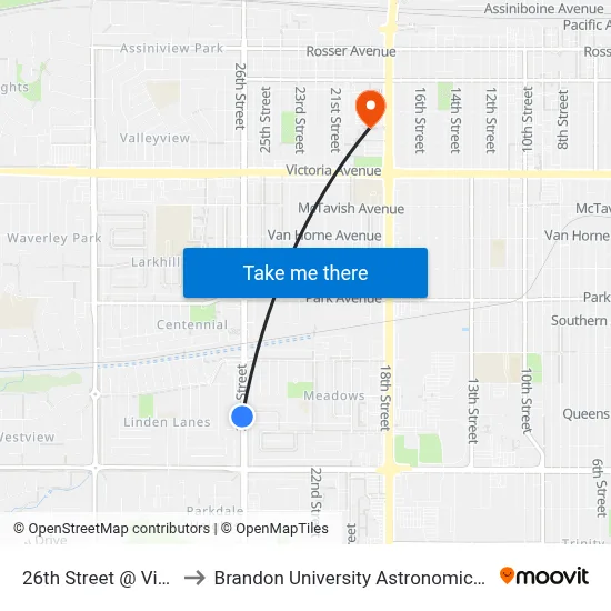 26th Street @ Violet Cres to Brandon University Astronomical Observatory map