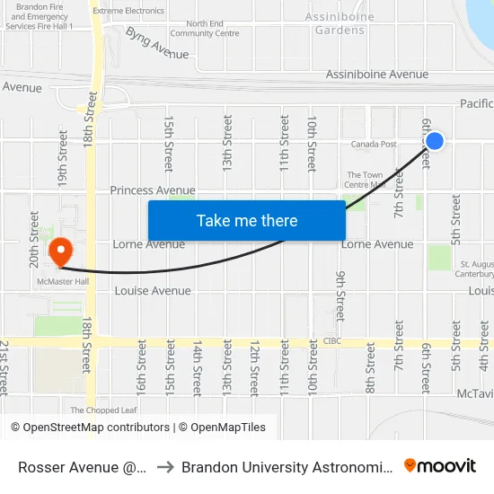 Rosser Avenue @ 6th Street to Brandon University Astronomical Observatory map