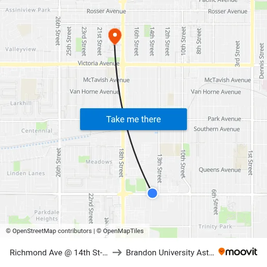 Richmond Ave @ 14th St-Murray Chev Olds (North) to Brandon University Astronomical Observatory map
