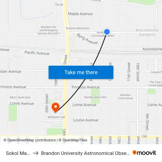 Sokol Manor to Brandon University Astronomical Observatory map
