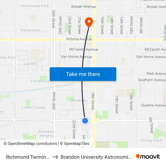 Richmond Terminal (South) to Brandon University Astronomical Observatory map