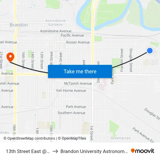 13th Street East @ Alpine Bay to Brandon University Astronomical Observatory map