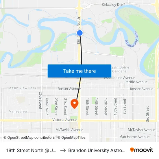 18th Street North @ John Avenue (East) to Brandon University Astronomical Observatory map