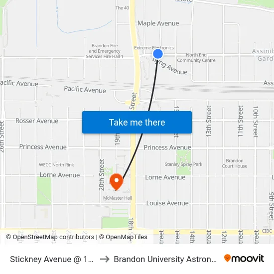 Stickney Avenue @ 16th Street North to Brandon University Astronomical Observatory map