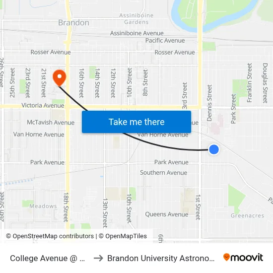 College Avenue @ Russell Street to Brandon University Astronomical Observatory map