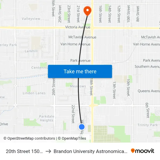 20th Street  1500 Block to Brandon University Astronomical Observatory map