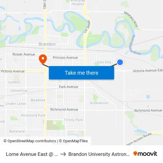Lorne Avenue East @ 16th Street East to Brandon University Astronomical Observatory map