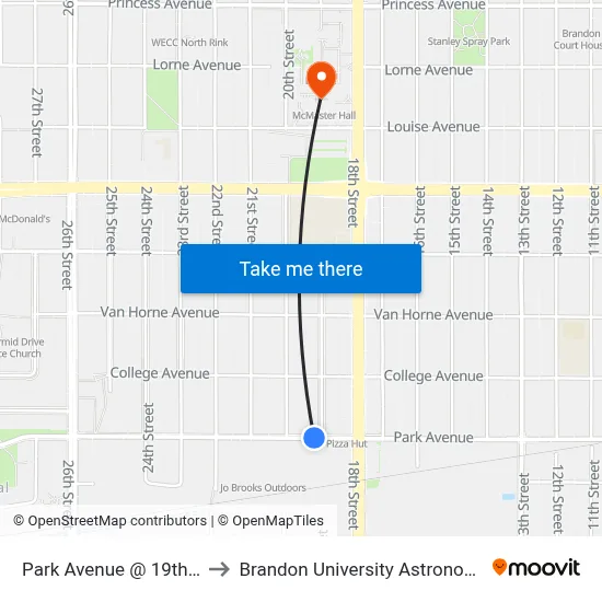 Park Avenue @ 19th Street (Wcg) to Brandon University Astronomical Observatory map