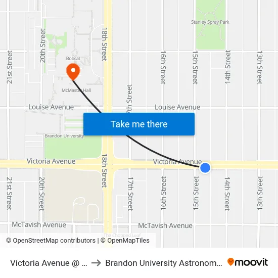 Victoria Avenue @ 15th Street to Brandon University Astronomical Observatory map
