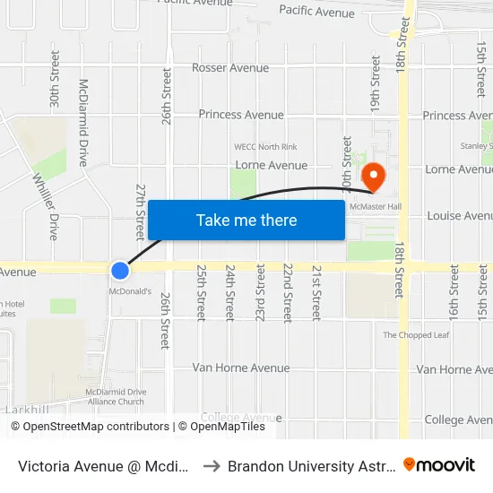 Victoria Avenue @ Mcdiarmid Drive (South Side) to Brandon University Astronomical Observatory map
