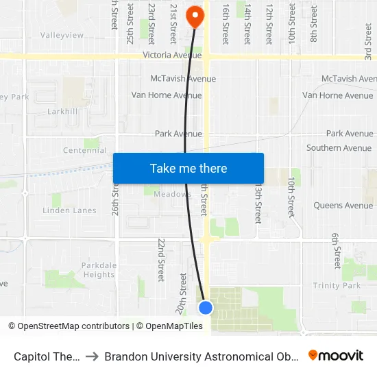Capitol Theatre to Brandon University Astronomical Observatory map