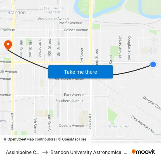 Assiniboine College to Brandon University Astronomical Observatory map