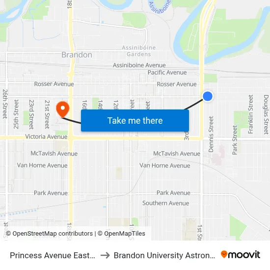 Princess Avenue East @ Dennis Street to Brandon University Astronomical Observatory map