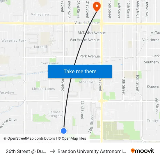 26th Street @ Durum Drive to Brandon University Astronomical Observatory map