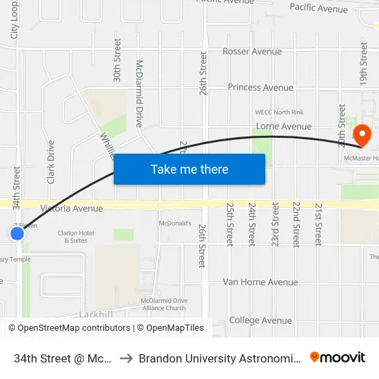 34th Street @ Mctavish Ave to Brandon University Astronomical Observatory map