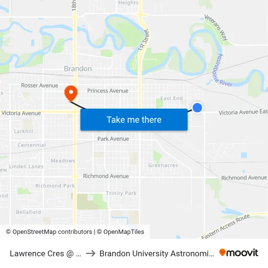 Lawrence Cres @ Lloyd Cres to Brandon University Astronomical Observatory map
