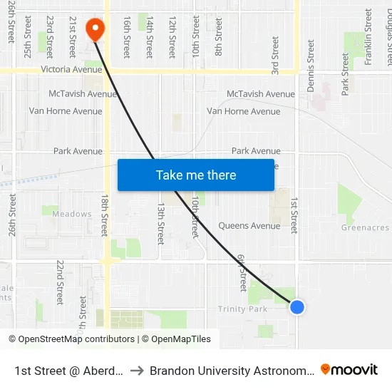 1st Street @ Aberdeen Avenue to Brandon University Astronomical Observatory map