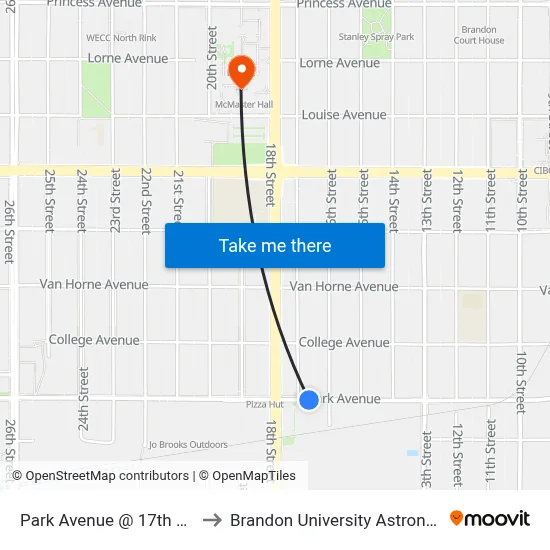 Park Avenue @ 17th Street (Playtime) to Brandon University Astronomical Observatory map