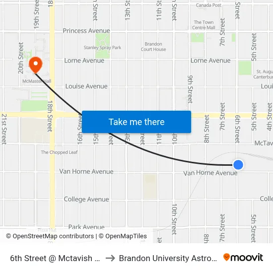 6th Street @ Mctavish Avenue (East Side) to Brandon University Astronomical Observatory map