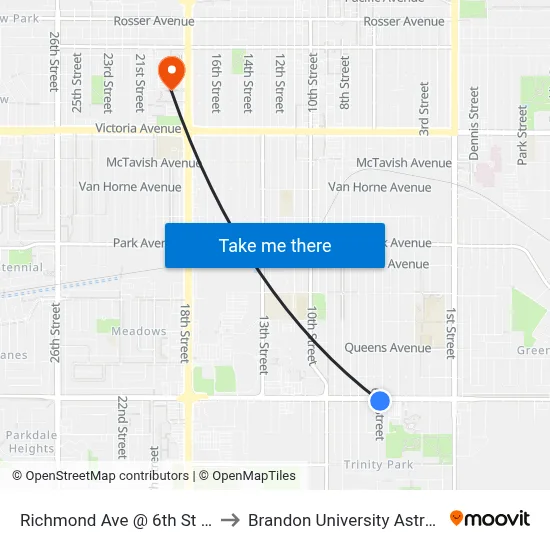 Richmond Ave @ 6th St (Trinity United-South) to Brandon University Astronomical Observatory map