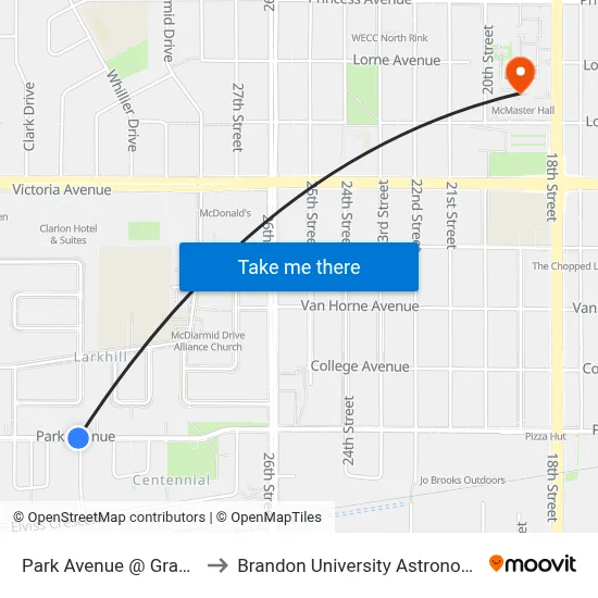 Park Avenue @ Grant Blvd (West) to Brandon University Astronomical Observatory map